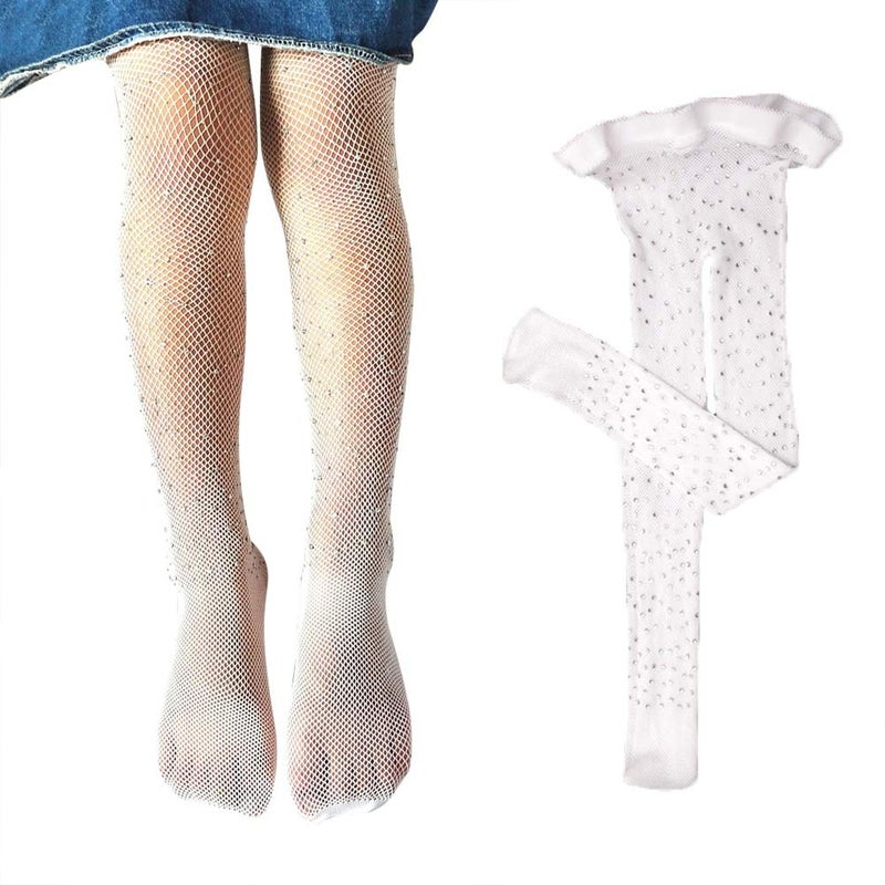 Looching Little Girls Thin Rhinestone Fishnet Sparkle Tights Toddler Kids Glitter Stockings Footed Net Leggings Pantyhose(White,10-16T) - Image 1